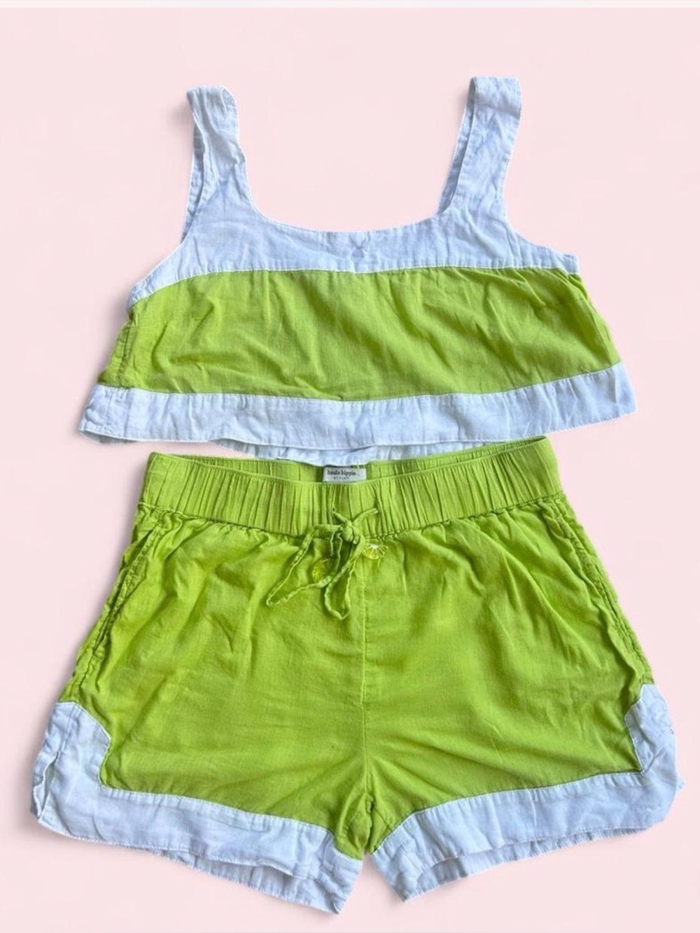 Haute Hippie Two-Piece Linen Lime Green and White Tank & Shorts 2 piece set - M